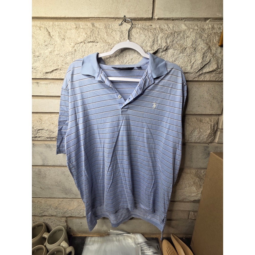 Polo Golf Ralph Lauren Men Large Blue Striped Pima Cotton Short Sleev Polo Shirt